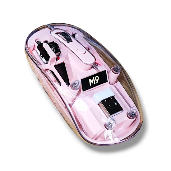 M9 Transparent Wireless USB + Bluetooth Rechargeable Mouse (Pink)